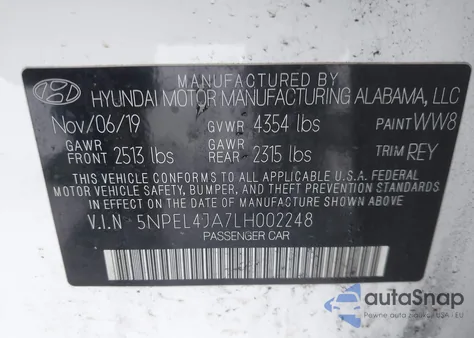 2020 Hyundai Sonata Sel z USA, uszkodzony, nr VIN 5NPEL4JA7LH002248